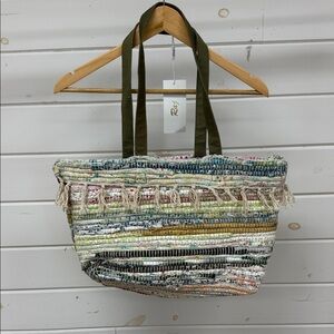 Raj Anthropologie Multicolor Boho Woven Tote Bag Fringe Details NWT